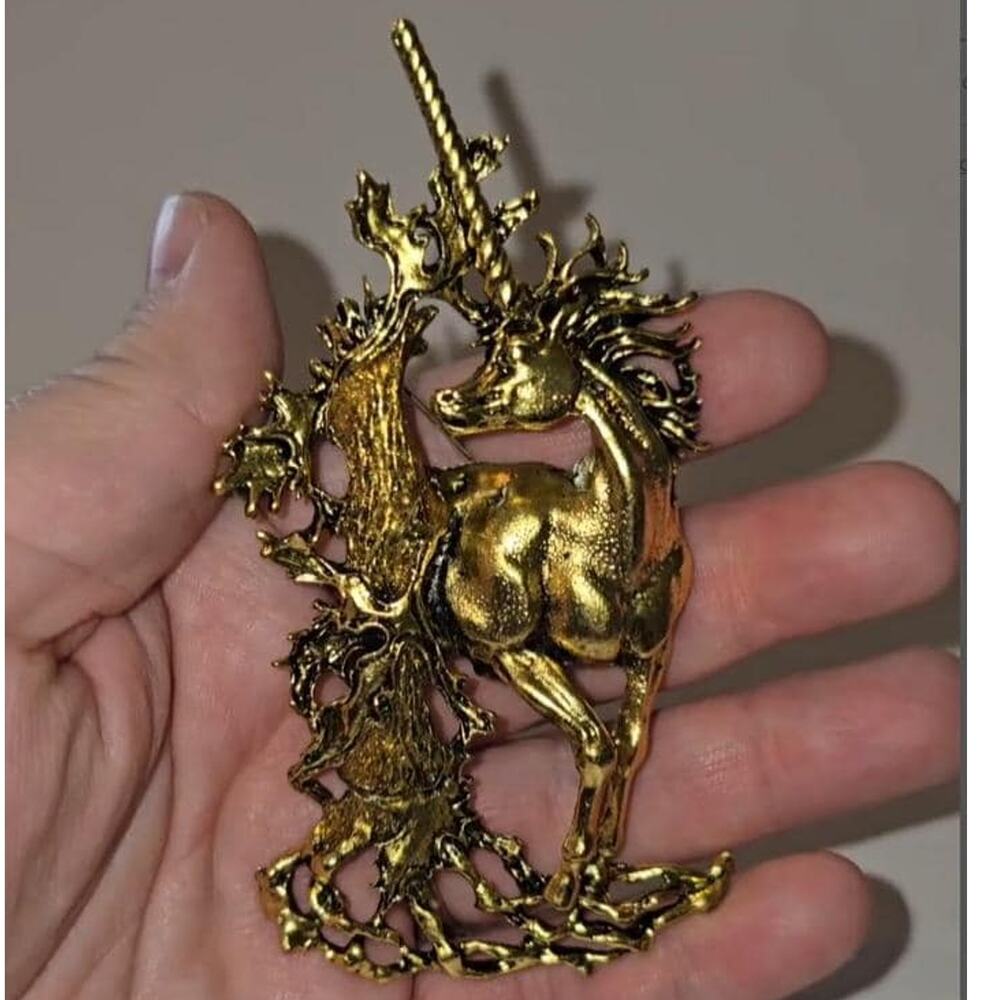 Goldtone Unicorn Brooch: Large Majestic Metal Pin